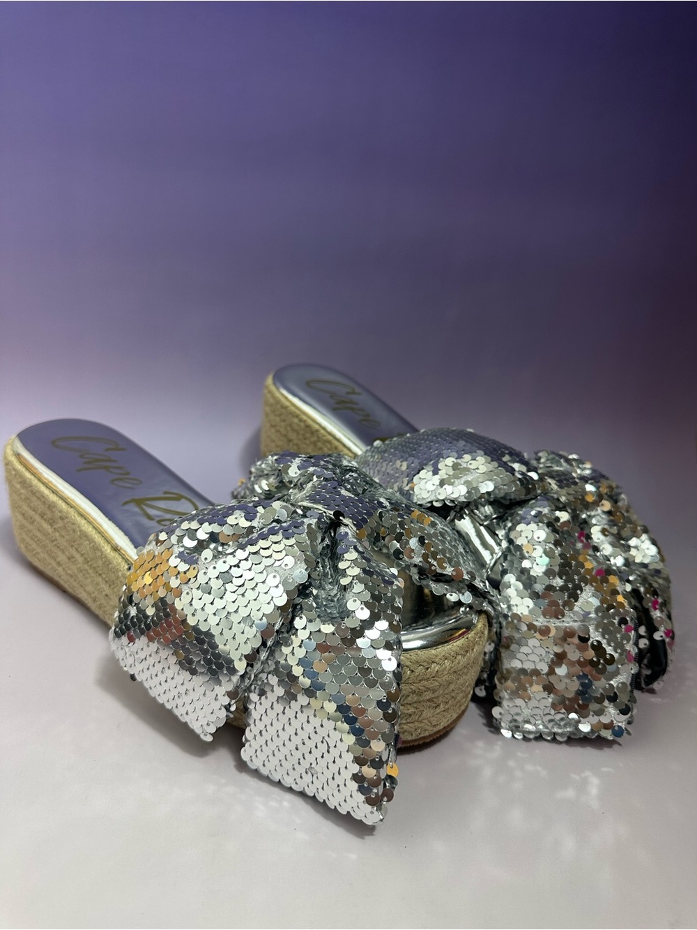 Cape Robbin Silver Sequin Bow Platform Mules